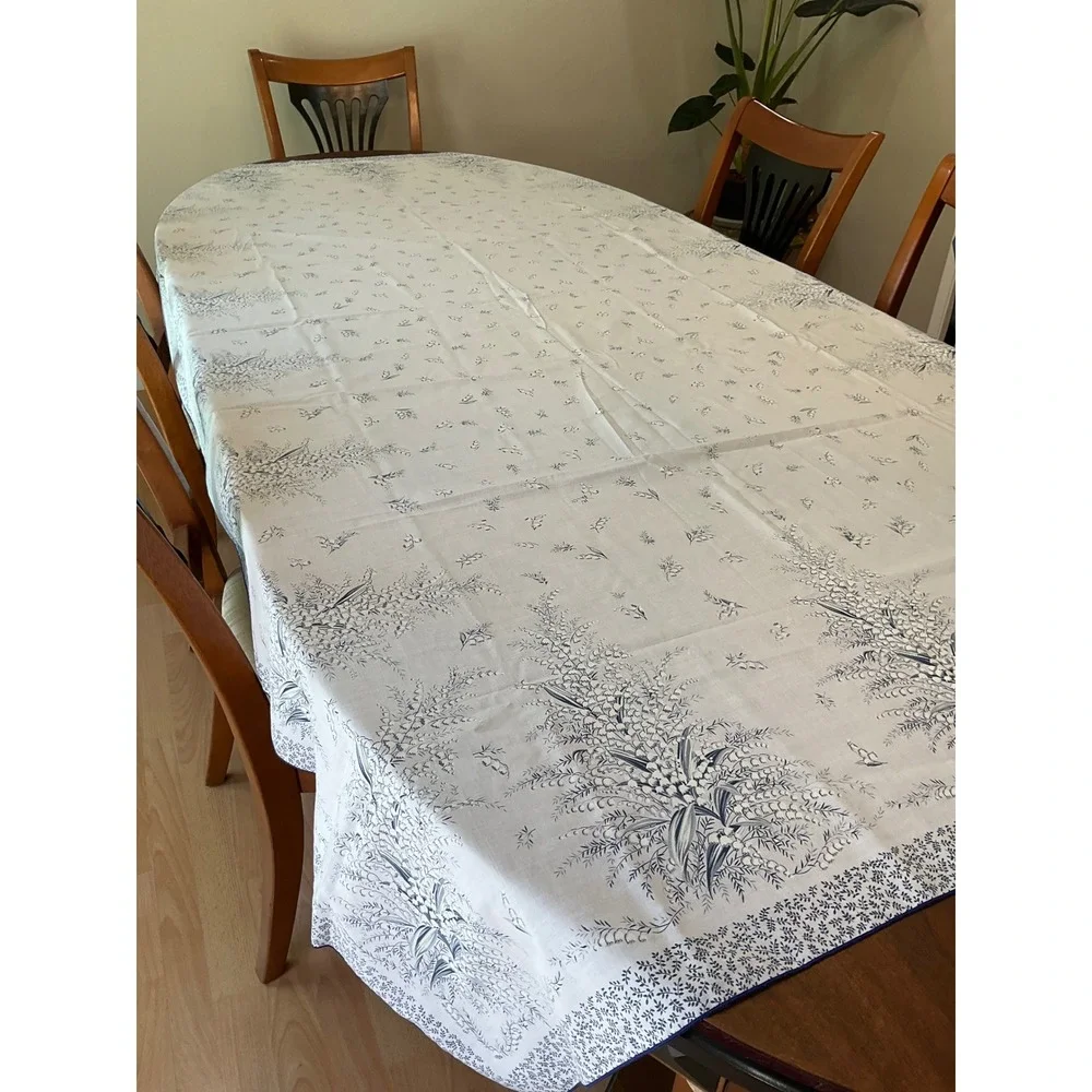 Vintage Rectangle Floral Tablecloth Mid Century Modern Blue Cottagecore Italy